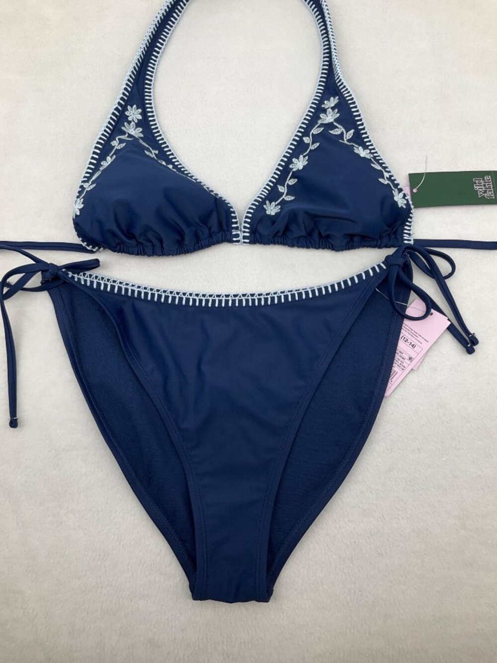 Wild Fable L (12-14) Navy Blue Bikini Set With Embroidered Floral Design Halter - Picture 4 of 7